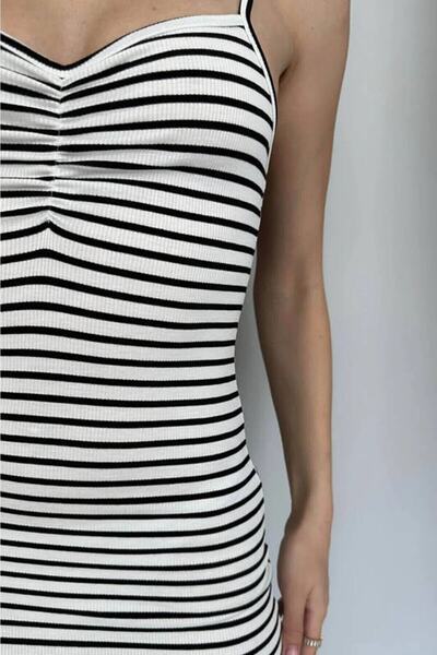 HARMONY GLOBAL Kadın Yazlık Siyah Çizgili Yırtmaçlı İnce İp Askılı Midi Boy Elbise