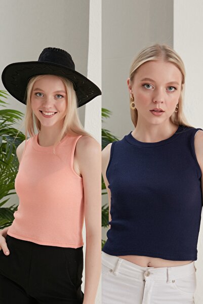 Seise Tekstil Γυναικεία μπλούζα με λαιμόκοψη με ραβδώσεις 2 συσκευασιών Crop