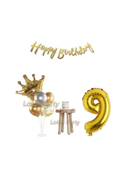 LOTUS PARTY Σετ για πάρτι γενεθλίων 9 ετών King Crowned Minimal King Crown Foil Μπαλόνι Μπαλόνι Βάση Χρυσό Αλουμινόχαρτο
