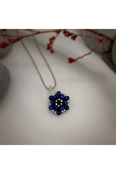 Sam Lacivert-Gümüş Cevşen Kolye - Zincirli / El İşi Kristal Boncuk Örme /