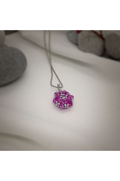 Sam Pink-Silver Cevşen Necklace with Chain / Handcrafted Crystal Bead Knitted /