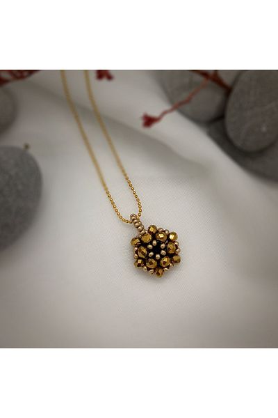 Sam Yellow Cevşen Necklace with Chain / Handcrafted Crystal Bead Knitted /