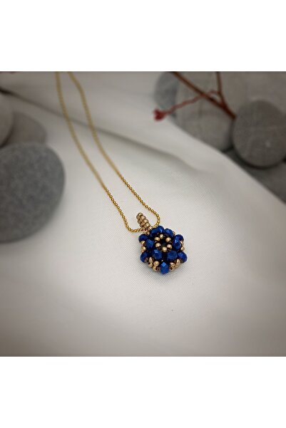 Sam Lacivert-Sarı Cevşen Kolye - Zincirli / El İşi Kristal Boncuk Örme /
