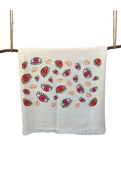 Peştanoz Muslin Peshtemal, Colorful Eye Printed Pattern, Natural 100% Cotton 100x180, Beach Towel, Bath Towel