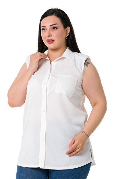 DISENTIS MODEST Large Size Single Pocket Padded Sleeveless White Shirt