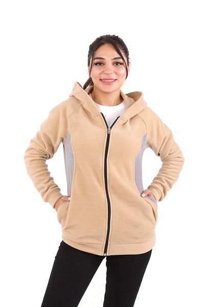 DİVİSTA Women's Beige Hooded Zippered Fleece, Beige - Gray Sweatshirt