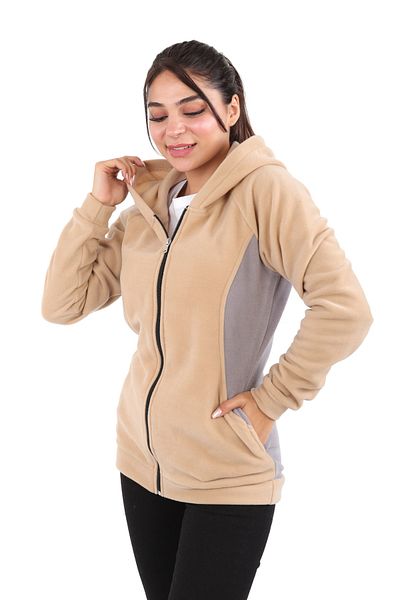 DİVİSTA Women's Beige Hooded Zippered Fleece, Beige - Gray Sweatshirt