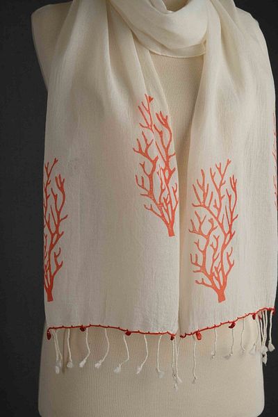 Dosimira Hand Painted Stone Print Thin Coral Cotton Scarf - Red
