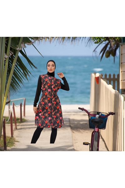 Shopiolog Long Micro Sleeve Floral Patterned Full Hijab Swimsuit