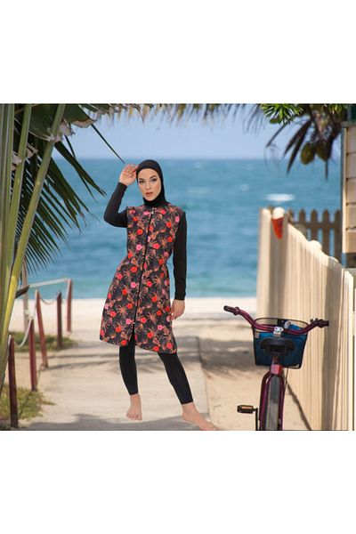 Shopiolog Long Micro Sleeve Floral Patterned Full Hijab Swimsuit