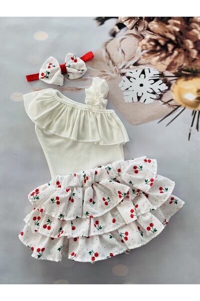 Mini Kids Baby طقم شورت بنمط الكرز وحزام كتف واحد للفتيات الصغيرات