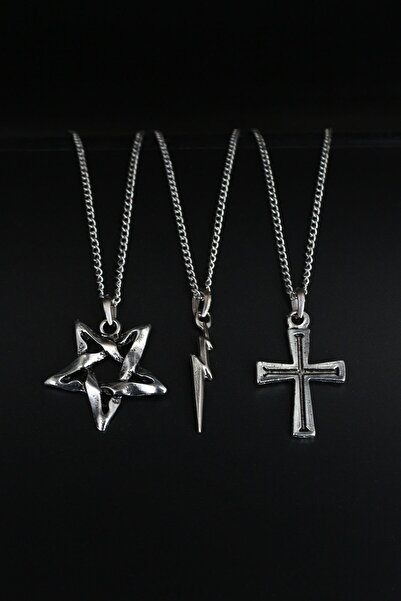 Dukkanka 3'lü Yıldız Pentagram, Şimşek Ve Haç Kolye Seti