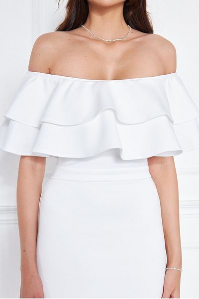 lovebox Rochie creion midi din țesătură flexibilă de scufundări albă cu design detaliat cu volan 164