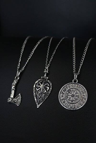 Dukkanka 3'lü Viking Seti Balta, Kalkan Ve Pusula Kolye Seti