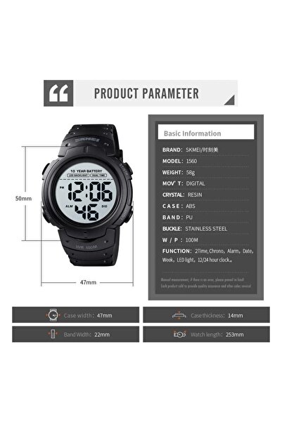 Skmei 156St 10 Years Battery Life Digital Men's Wrist Watch with Stopwatch 1560