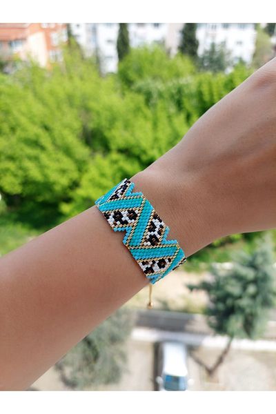 BUNİTA DESİGN Leopard Patterned Turquoise Woven Miyuki Beaded Bracelet