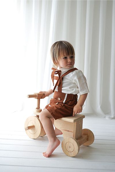 Catz Kids Shorts Brown Gabardine Button Front Salopet + Classic Long Sleeve Shirt + Rope