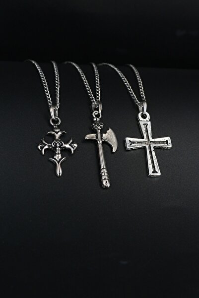 Dukkanka 3'lü Kurukafa Haç, Kuru Balta Ve Haç Erkek Kolye Seti