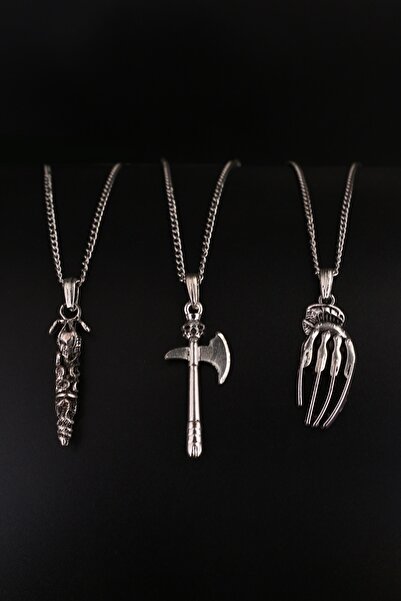 Dukkanka 3'lü Yılan, Kuru Kafa Balta, Pençe Erkek Kolye Seti