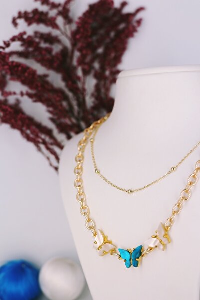 Dukkanka 3'lü Mavi Beyaz Kelebek Top Zincir Tasarım Altın Kaplama Kararmaz Ka...