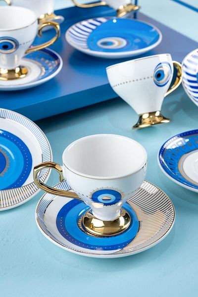 ACAR Goldfinch Blue Evil Eye Pattern 6 Personality 90 ml Porcelain Coffee Cup Set 0172