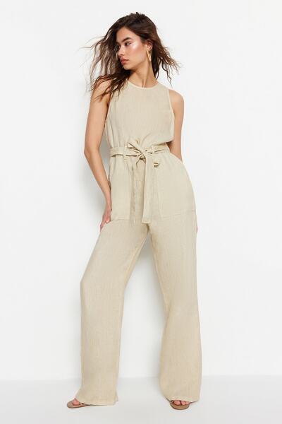 Trendyol Collection Beige Linen Belted Denim Jumpsuit
