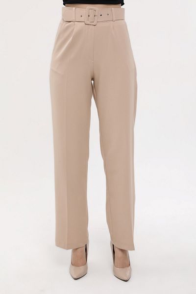 diaves Women's Beige High Waist Pocket Belted Wide Leg Palazzo Atlas Woven Fabric Trousers