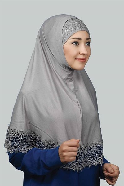 Altobeh Σετ δύο Δαντελένια Πρακτικά Κασκόλ Ready Hijab και Hijab Bonnet Xl - Γκρι