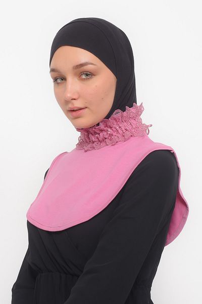 Altobeh Women's Lace Frilly Rubber Smocked Turtleneck High Neck Hijab Neck Collar - Dark Pink