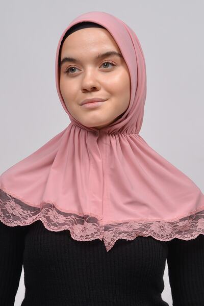 Altobeh Lacy Rubber Drawstring Interlining Banded Snap Fastener Ready Turban Practical Scarf-pink