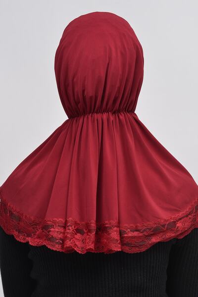 Altobeh Lacy Rubber Drawstring Interlining Banded Snap Fastener Ready Turban Practical Scarf-burgundy