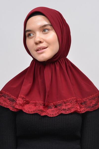 Altobeh Lacy Rubber Drawstring Interlining Banded Snap Fastener Ready Turban Practical Scarf-burgundy