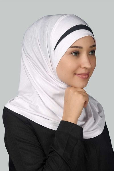 Altobeh Πρακτικό κασκόλ έτοιμο τουρμπάνι Hijab με ειδική λεπτομέρεια μισοφέγγαρου - Λευκό - Μαύρο