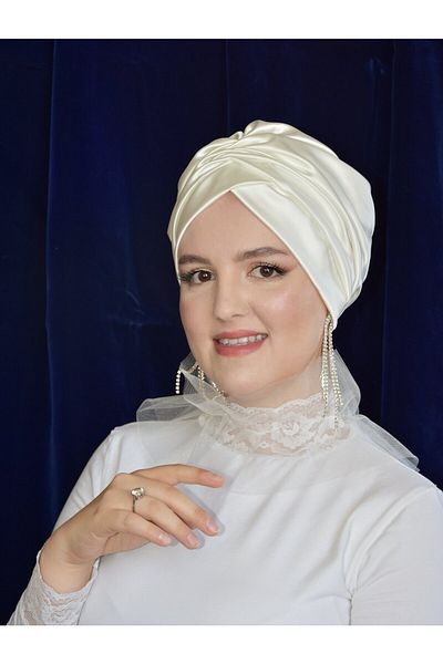 ARTİZİA elegant silk satin without filling islamic bridal cap with ready turban shawl and veil tulle