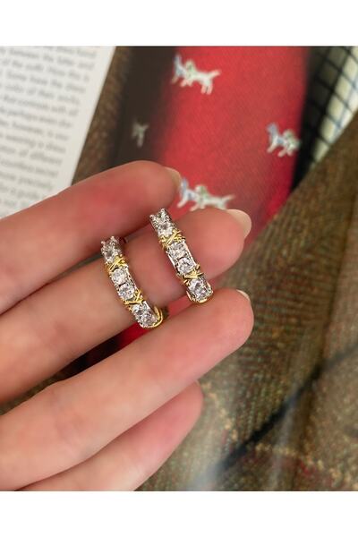 Pinery Jewels VIP SERİ - Marka Model Tiff X Zirkon Taşlı MİDİ Halka Küpe Çifti