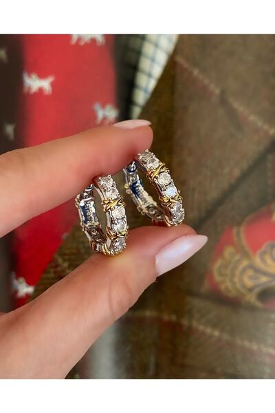 Pinery Jewels VIP SERİ - Marka Model Tiff X Zirkon Taşlı MİDİ Halka Küpe Çifti