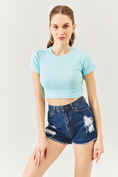 Butikgiz Bluză crop elastică cu mânecă scurtă Aqua, cu decolteu turnat, 100% ...