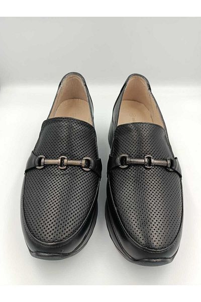 Vizon Ayakkabı Black Wedge Heel Full Orthopedic Front Buckle Ballerina Shoes