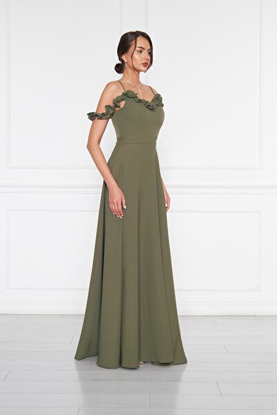 Bidoluelbise Kadın Ayarlanabilir Askılı Fırfır Detay Dokuma Kumaş Maxi Kloş Abiye Elbise