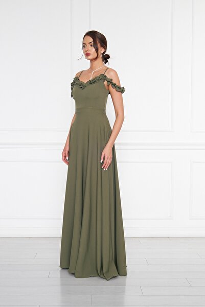 Bidoluelbise Kadın Ayarlanabilir Askılı Fırfır Detay Dokuma Kumaş Maxi Kloş Abiye Elbise