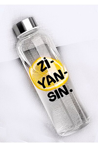 Ayzi Tasarım Ziyansın Yazılı Suluk Matara Cam Su Şişesi 1 Litre Kılıf Hediyeli