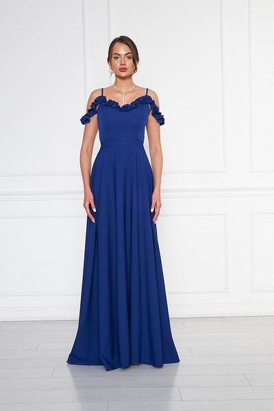 Bidoluelbise Women's Adjustable Strap Ruffle Detail Woven Fabric Maxi Flared Evening Dress