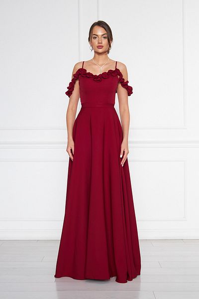 Bidoluelbise Women's Adjustable Strap Ruffle Detail Woven Fabric Maxi Flared Evening Dress