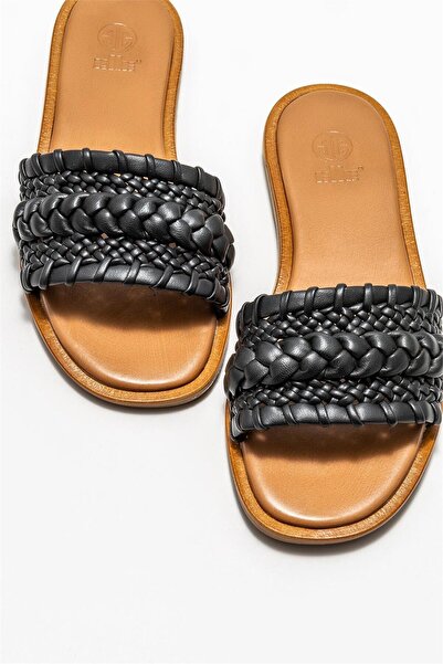 Elle Shoes Μαύρες δερμάτινες γυναικείες φλατ παντόφλες