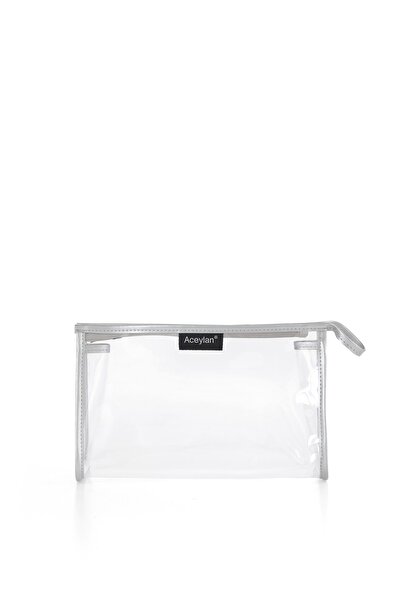 ACEYLAN Şeffaf Orta Boy Makyaj Çantası/Gri Detaylı
