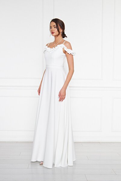 Bidoluelbise Kadın Ayarlanabilir Askılı Fırfır Detay Dokuma Kumaş Maxi Kloş Abiye Elbise