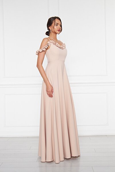 Bidoluelbise Kadın Ayarlanabilir Askılı Fırfır Detay Dokuma Kumaş Maxi Kloş Abiye Elbise