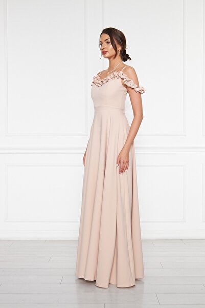 Bidoluelbise Kadın Ayarlanabilir Askılı Fırfır Detay Dokuma Kumaş Maxi Kloş Abiye Elbise