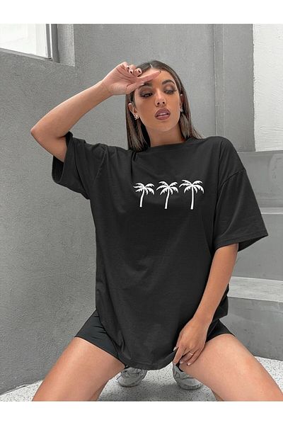 K&H TWENTY-ONE تي شيرت نسائي بطبعة النخيل الأسود