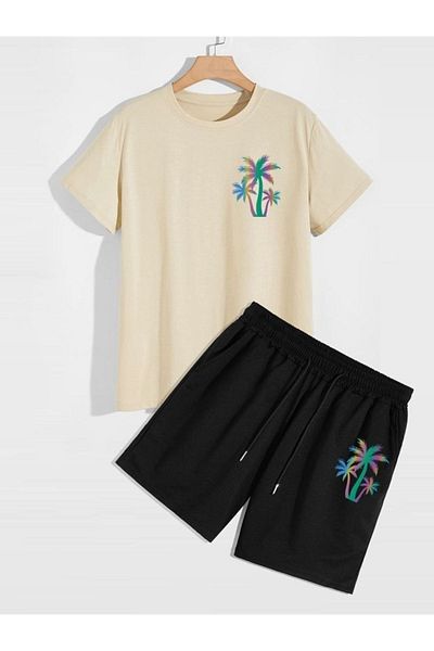 Black Sokak Blacksokak Men's Black Palm Printed Shorts Set